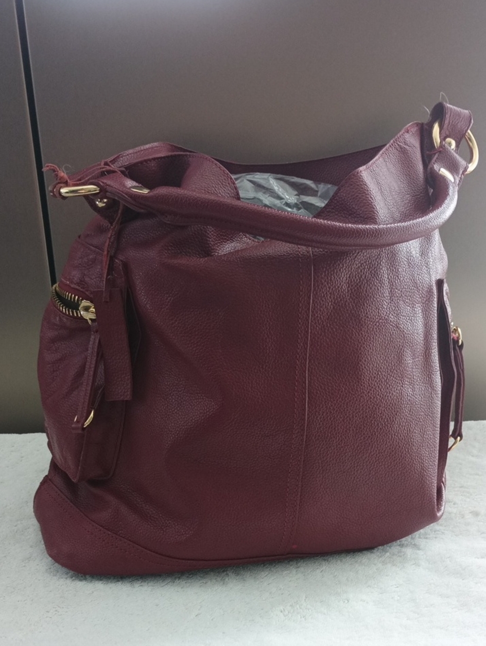 Linea Pelle Deep Burgundy Shoulder Bag with Gold Hardware
